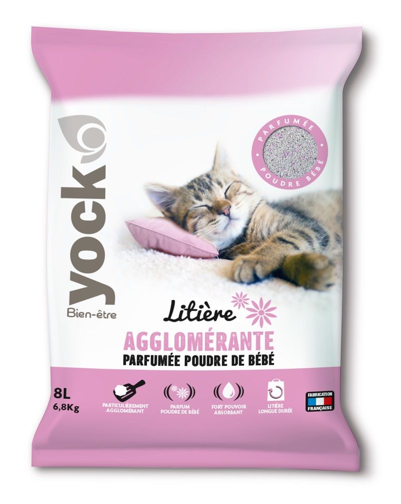 YOCK Bien-être – Litière Minérale Agglomérante Parfumée Poudre de Bébé – 8 L