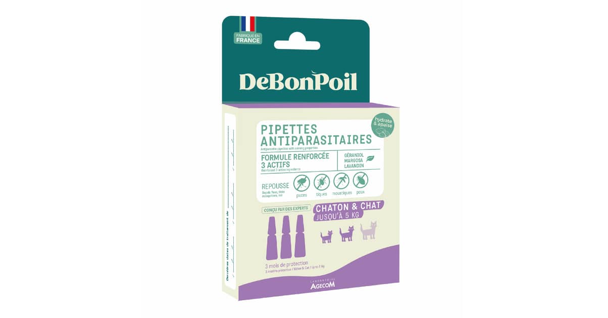DeBonPoil – Pipettes Antiparasitaires & Apaisantes pour Chat et Chaton dès 2 mois – 3 pipettes