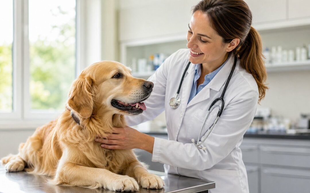 Vétérinaire examinant un chien en bonne santé lors d'une consultation de vermifugation