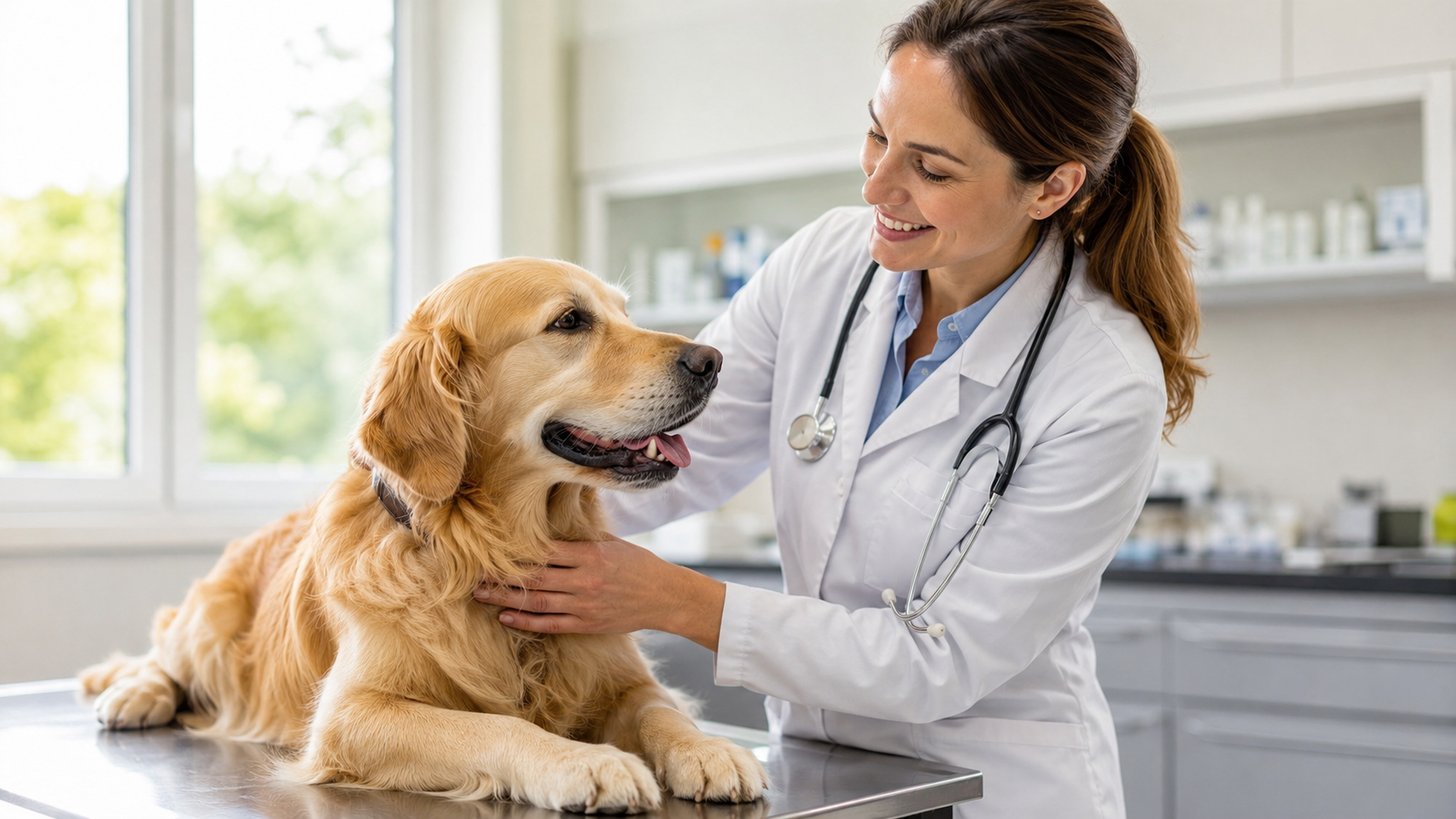 Vétérinaire examinant un chien en bonne santé lors d'une consultation de vermifugation