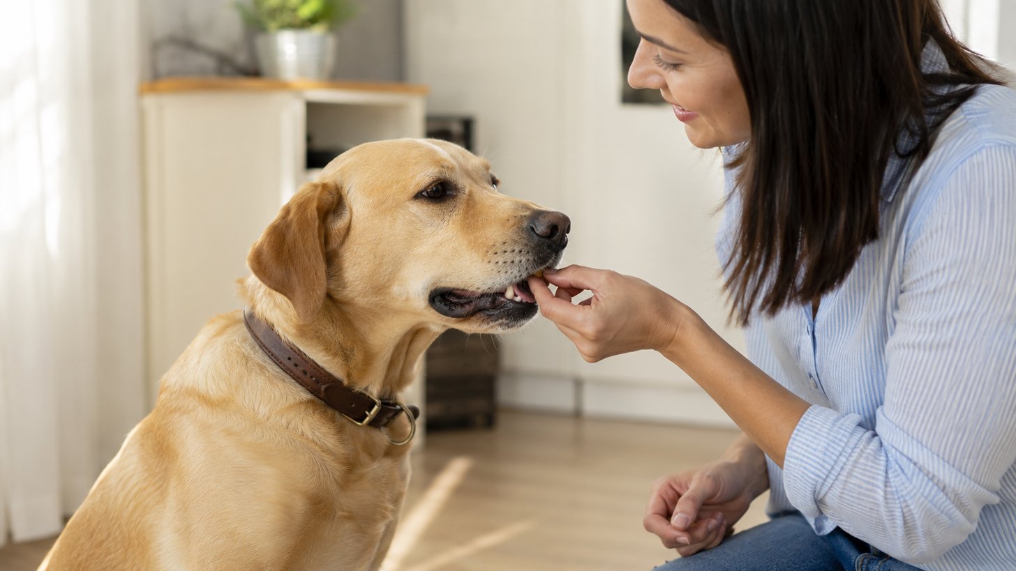 Maître donnant un comprimé vermifuge caché dans une friandise à son chien