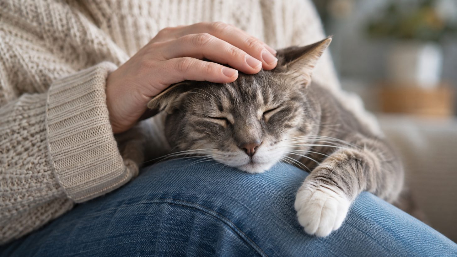 Personne caressant un chat âgé serein