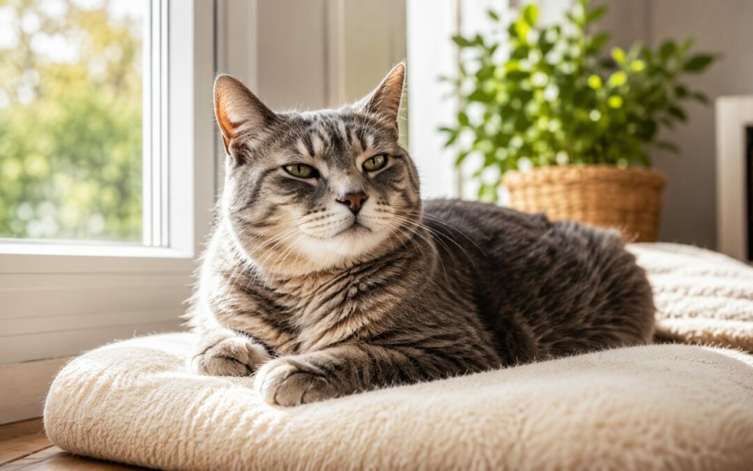 Chat senior au repos sur un coussin près d'une fenêtre
