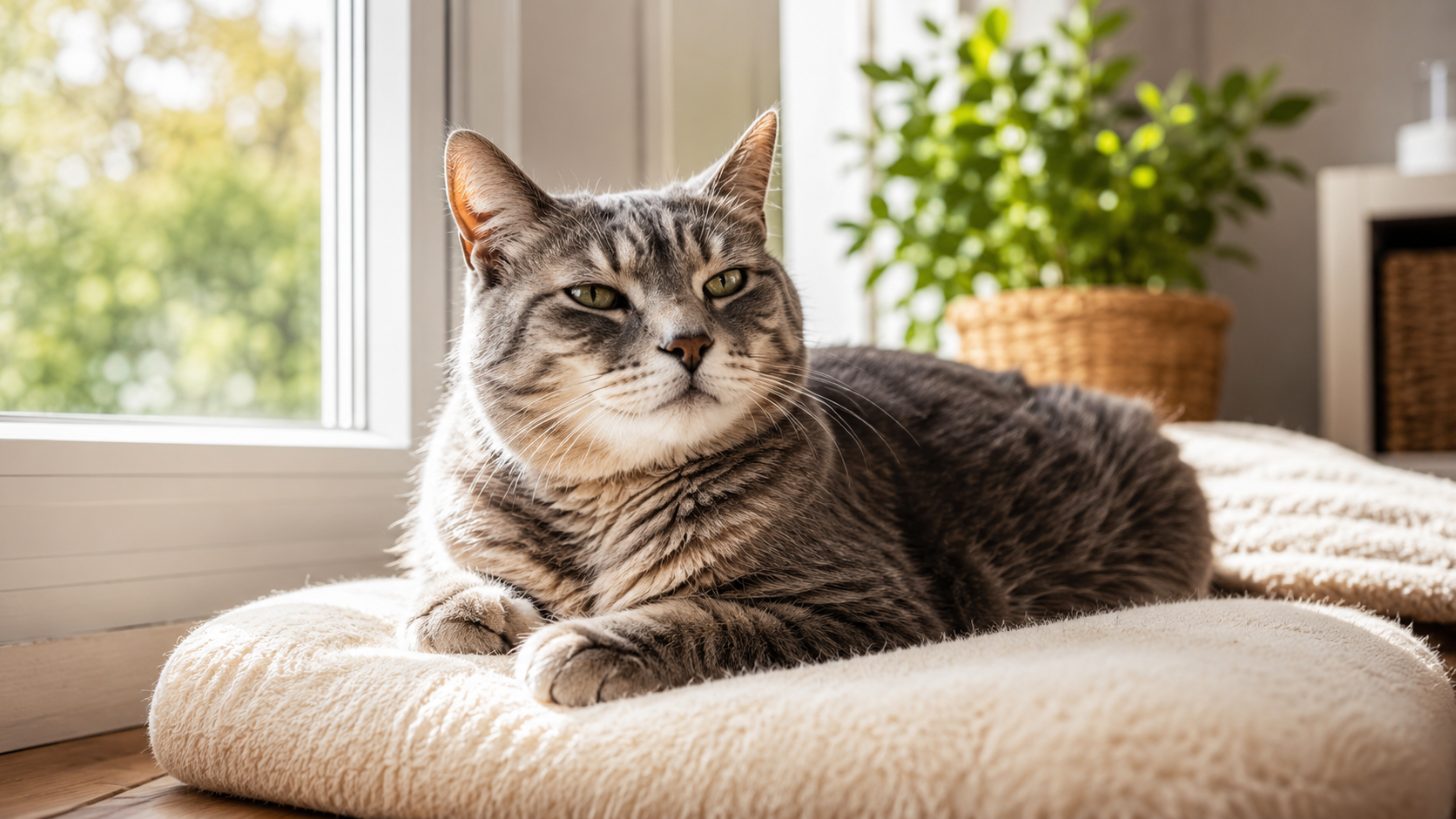 Chat senior au repos sur un coussin près d'une fenêtre