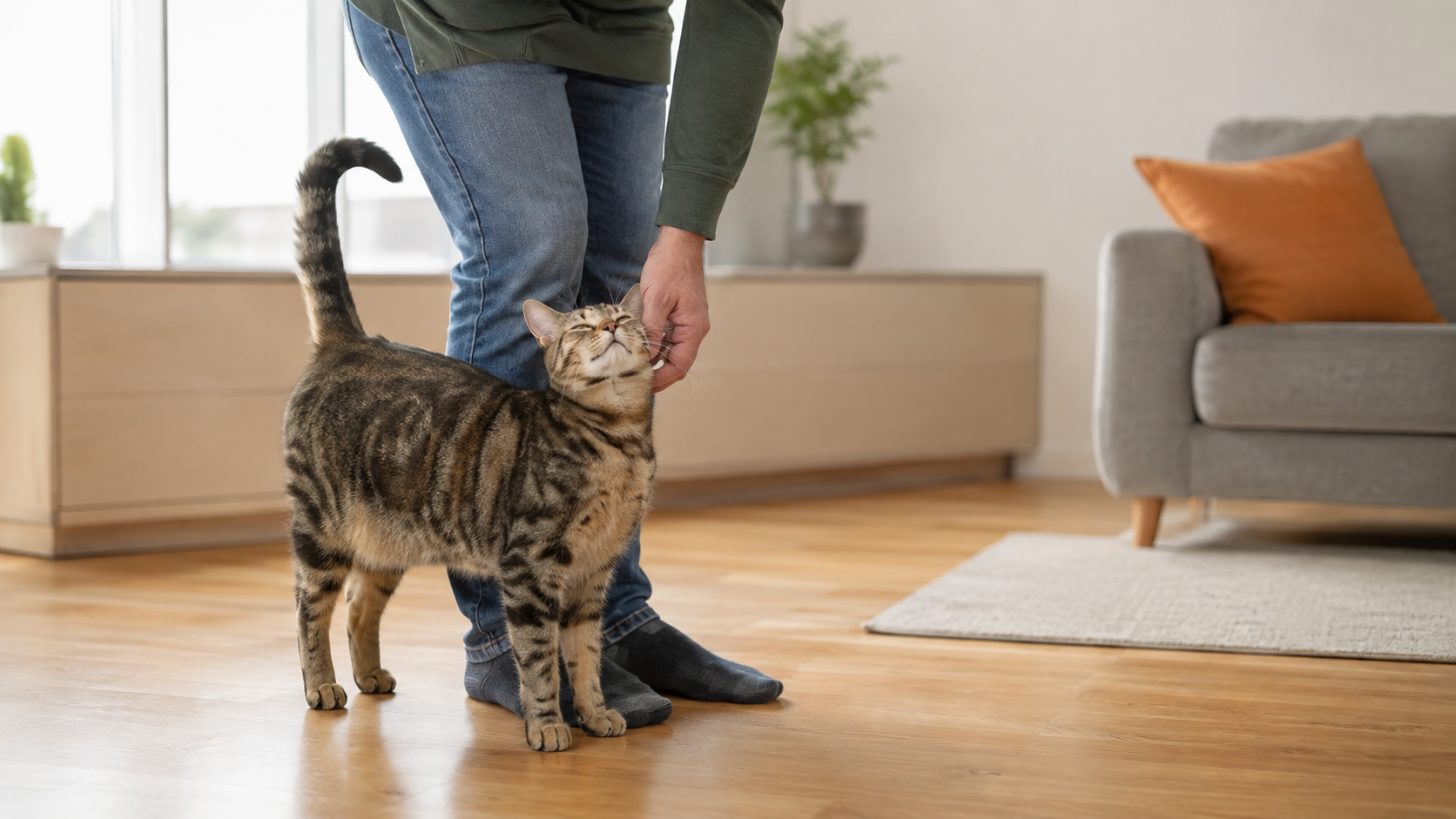Chat détendu se frottant contre son maître
