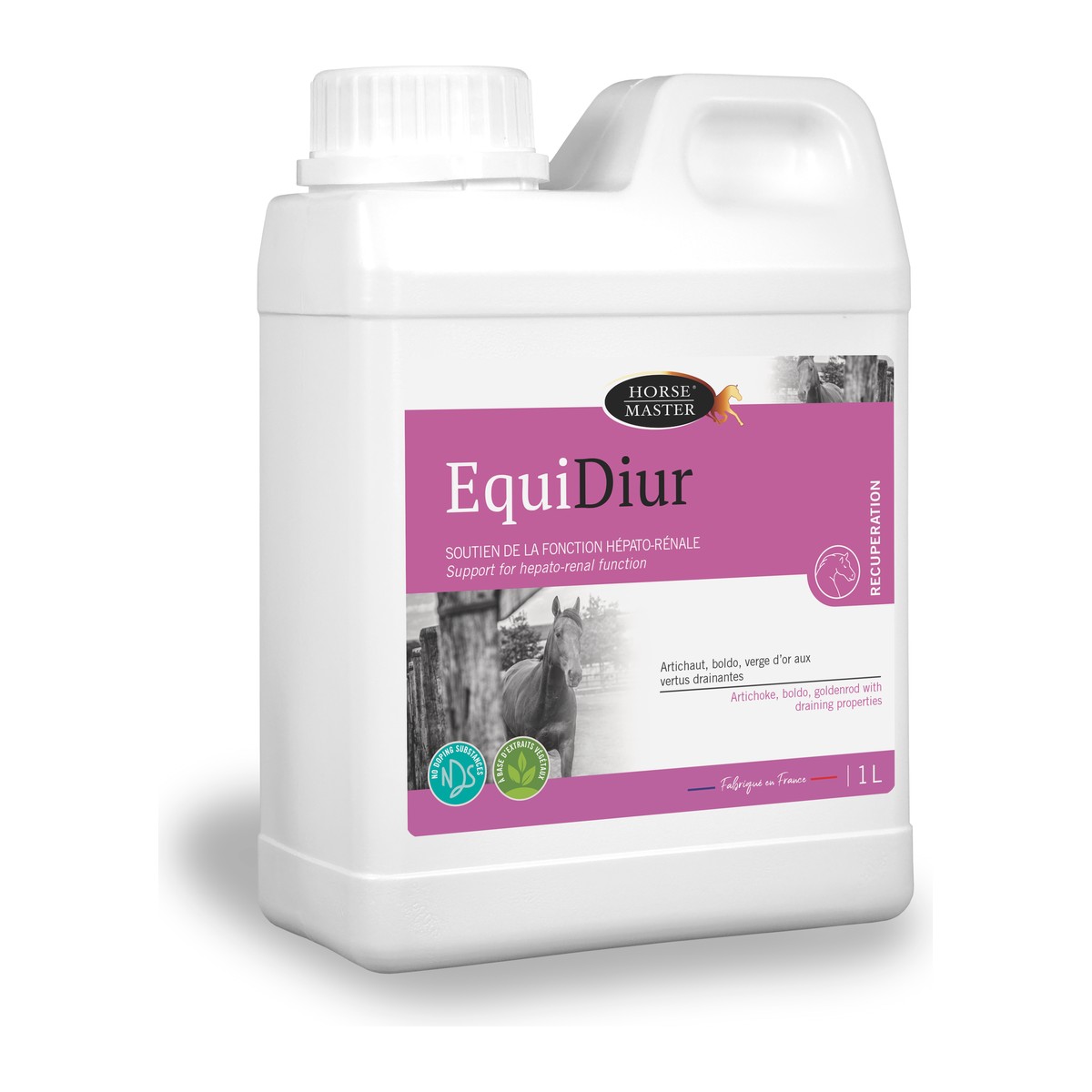 Bidon de Horse Master EquiDiur 1 L, solution buvable drainante artichaut boldo verge d'or pour cheval