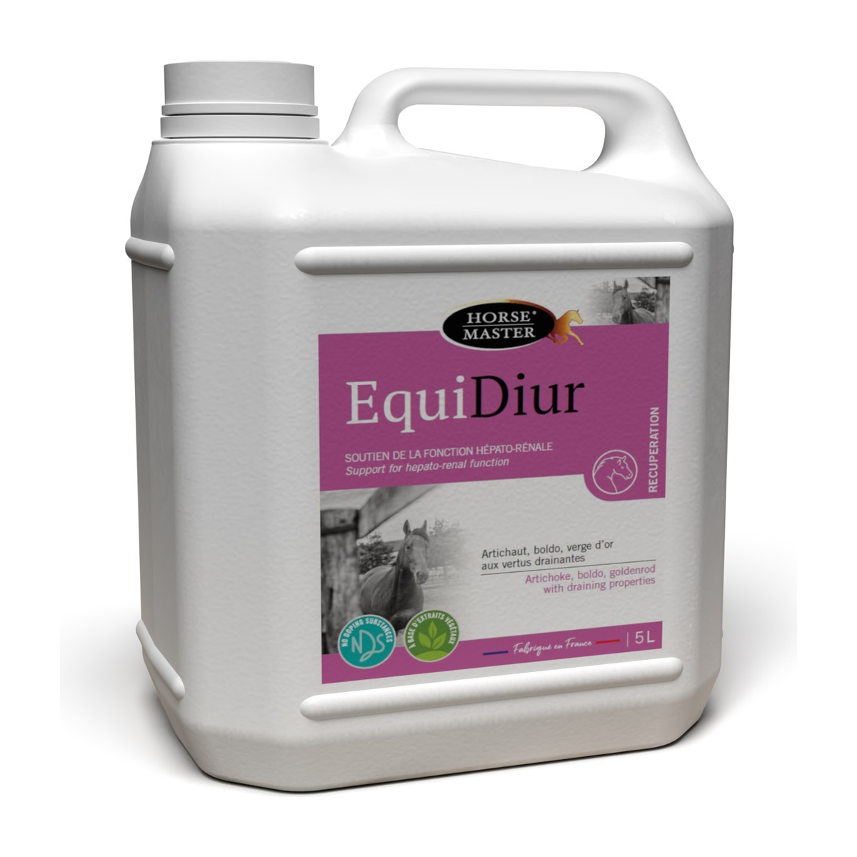 Bidon de Horse Master EquiDiur 5 L, solution buvable drainante a l'artichaut, boldo et verge d'or pour cheval