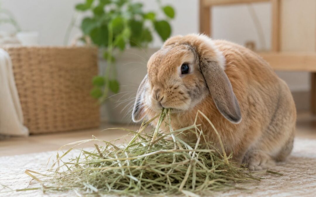 Lapin de compagnie mangeant du foin
