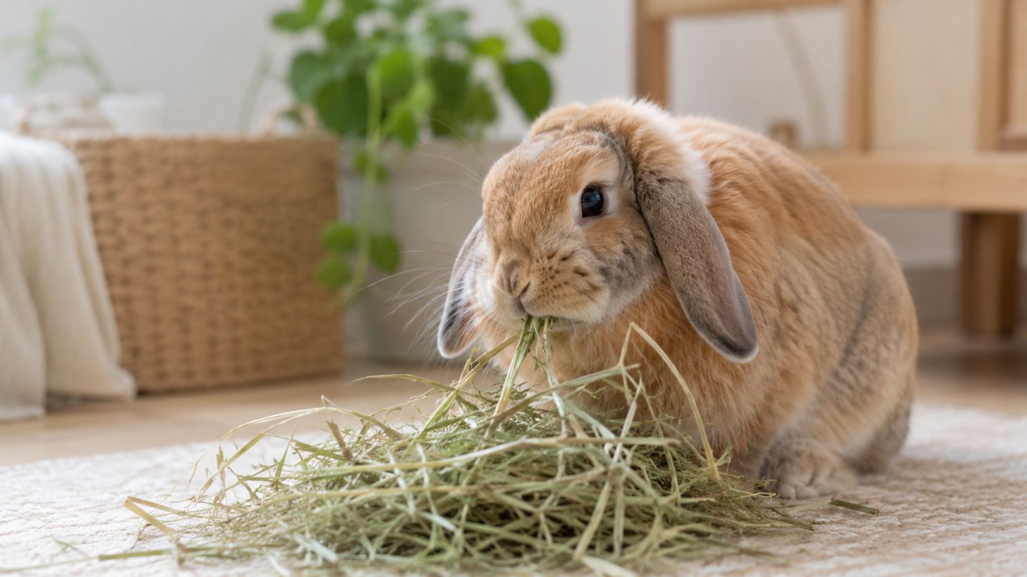 Lapin de compagnie mangeant du foin