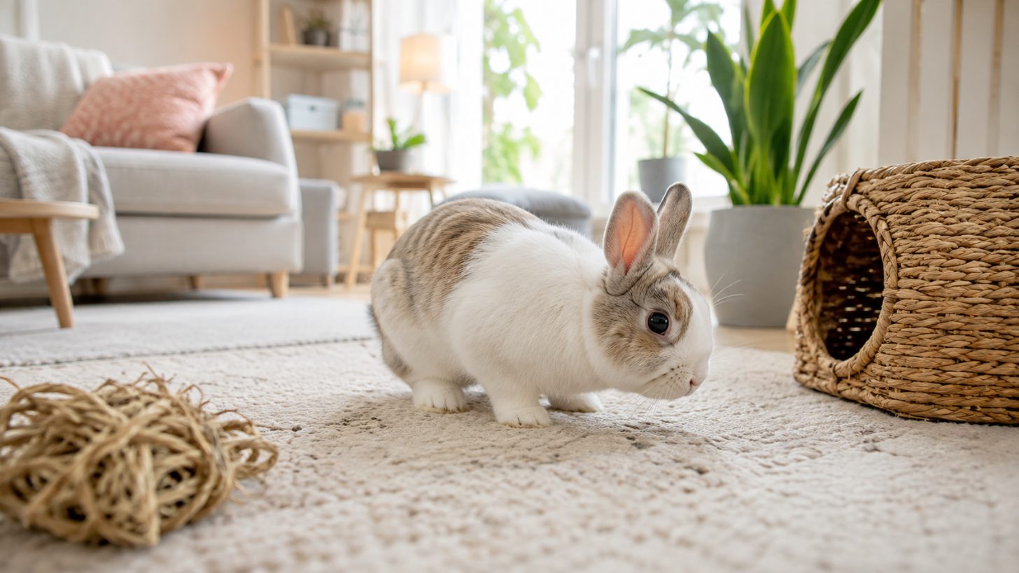 Lapin de compagnie explorant un salon